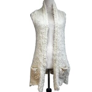 Cream Crochet Knit Vest | Boho Cottagecore | Sleeveless Fuzzy Cardigan